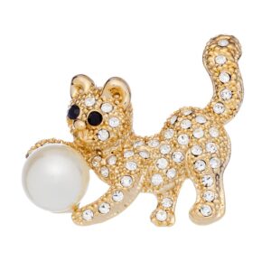 Cat Brooch with Pearl and Clear Swarovski Crystals