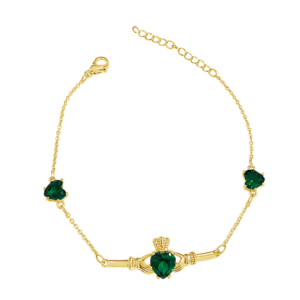 Irish Claddagh Bracelet Encrusted with Emerald Green CZ Crystals