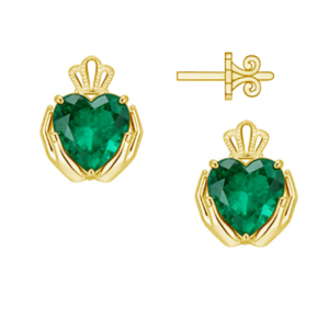 Irish Claddagh Stud Earrings Encrusted with Emerald Green CZ Crystals