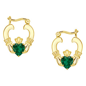 Irish Claddagh Huggie Earrings Encrusted with Emerald Green CZ Crystals