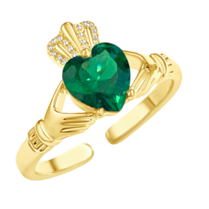 Irish Claddagh Adjustable Ring Encrusted with Emerald Green CZ Crystals